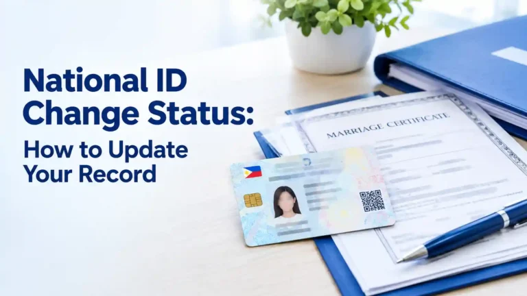 National ID Change Status: How to Update Your Record — Philippine-style National ID card with blurred details beside a marriage certificate, supporting documents, pen, and blue folder on a clean desk.